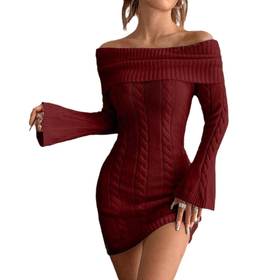 Damen Off-Shoulder Strickkleid mit Zopfmuster und voluminösen Ärmeln WW