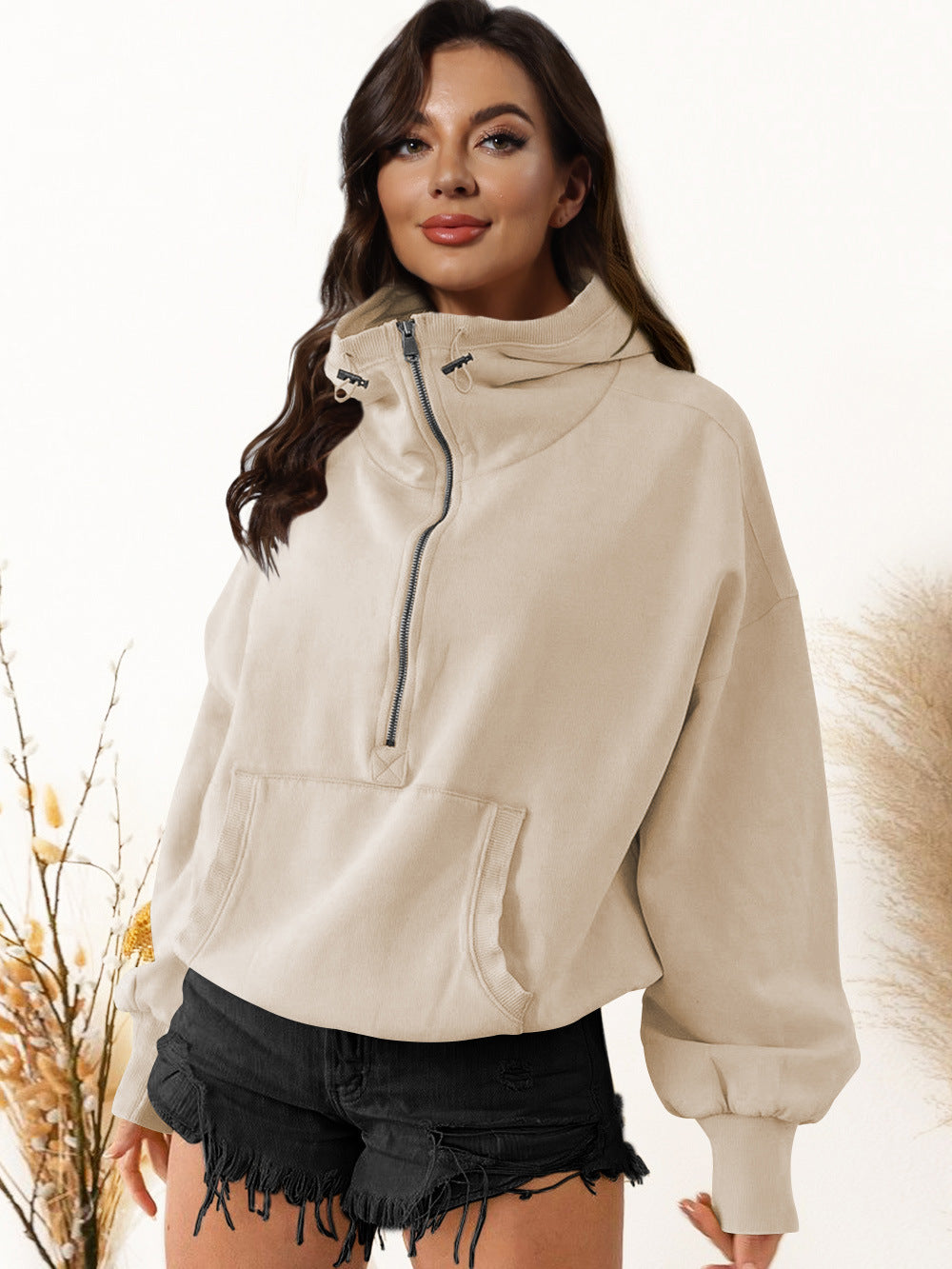 Damen Oversized Sweatshirt mit hohem Kragen und Reißverschluss WW