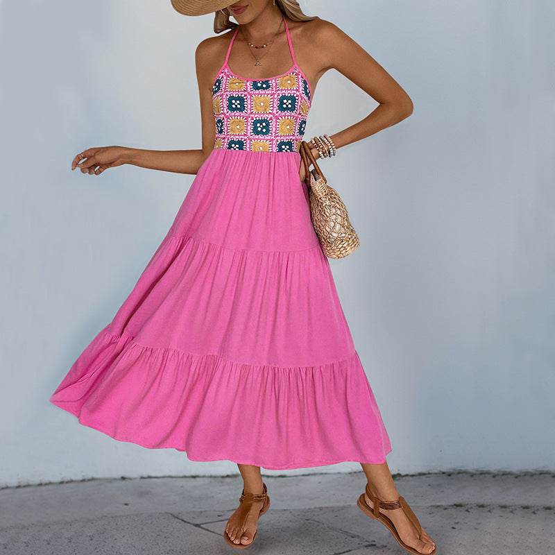Damen Maxikleid mit buntem Häkeloberteil und asymmetrischem Saum WW