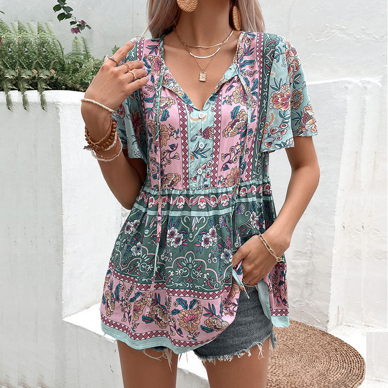 Damen Blusenshirt mit floralem Design und V-Ausschnitt WW