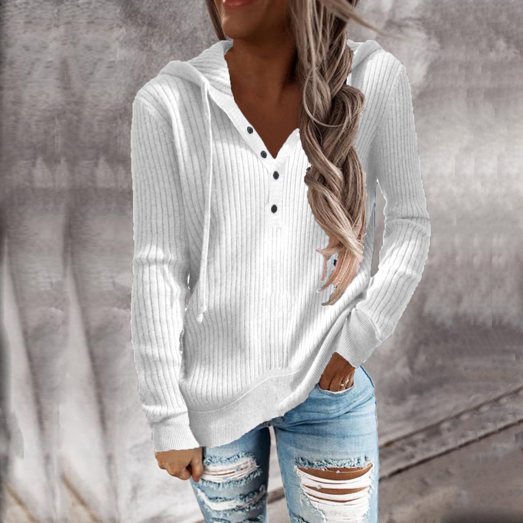 Damen Kapuzenpullover mit feinem Rippstrick und Knopfleiste WW