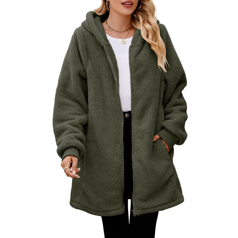 Damen gemütliche Sherpa Fleece Kapuzenjacke WW