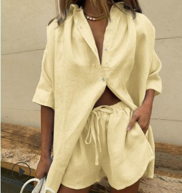 Damen lässiges Leinen-Pyjama-Set mit komfortablem Schnitt WW