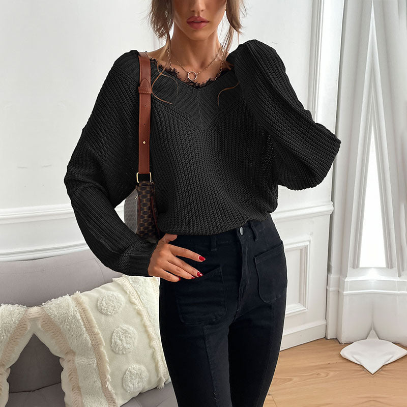 Damen lässiges Strickoberteil mit modischem V-Ausschnitt und detailreicher Textur WW