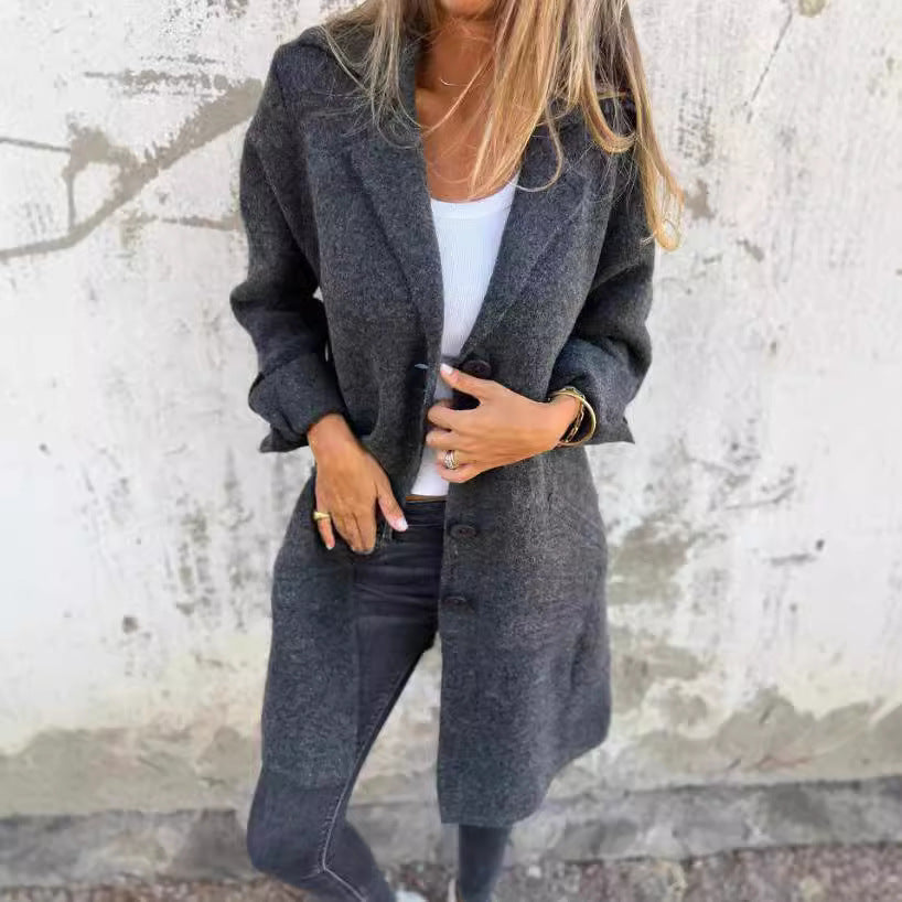 Damen Eleganter Oversize-Wollmantel mit Durchgehender Knopfleiste und Praktischen Taschen WW