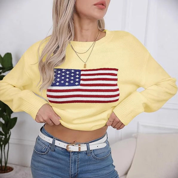 Damen Strickpullover mit Flaggenmotiv und lässigem Schnitt WW