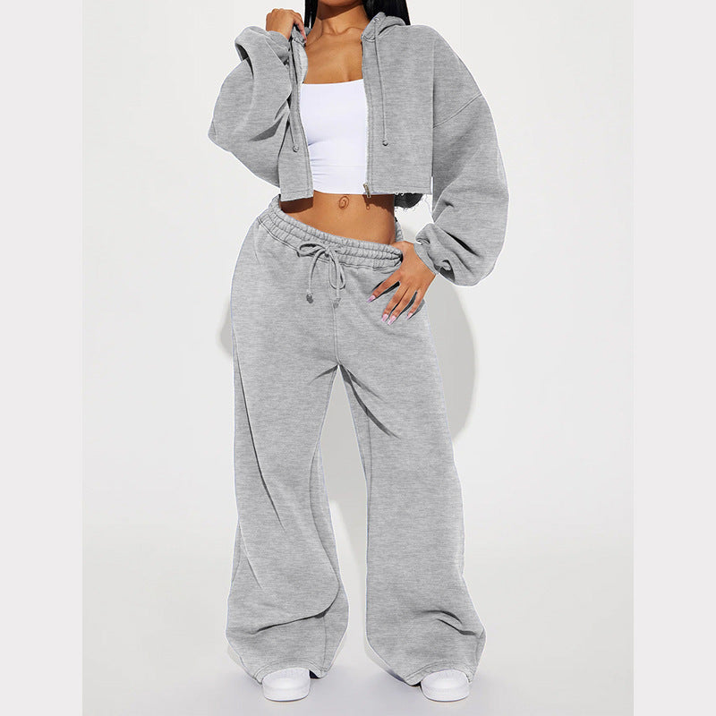 Damen lässiges Fleece-Set mit kurzem Hoodie und weiten Hosen WW