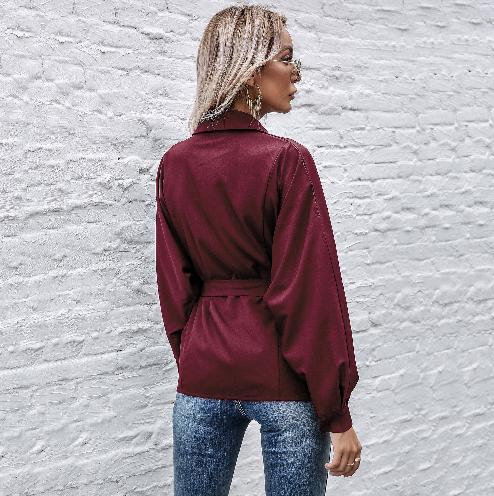 Damen Elegantes Hemdblusenshirt mit Taillengürtel und hochwertigem Satin Material WW