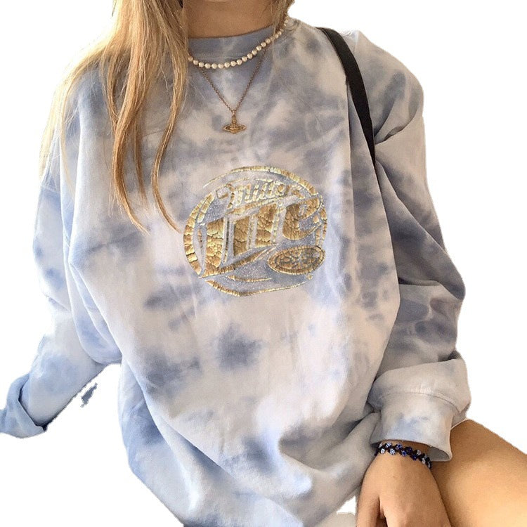 Damen Oversized Sweatshirt mit künstlerischem Batikdesign und glitzerndem Logo WW