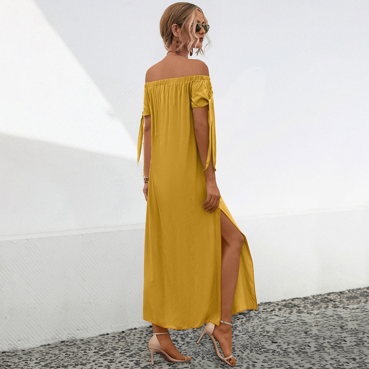 Damen Off-Shoulder Maxikleid mit seitlichem Schlitz und eleganten Bindebändern WW