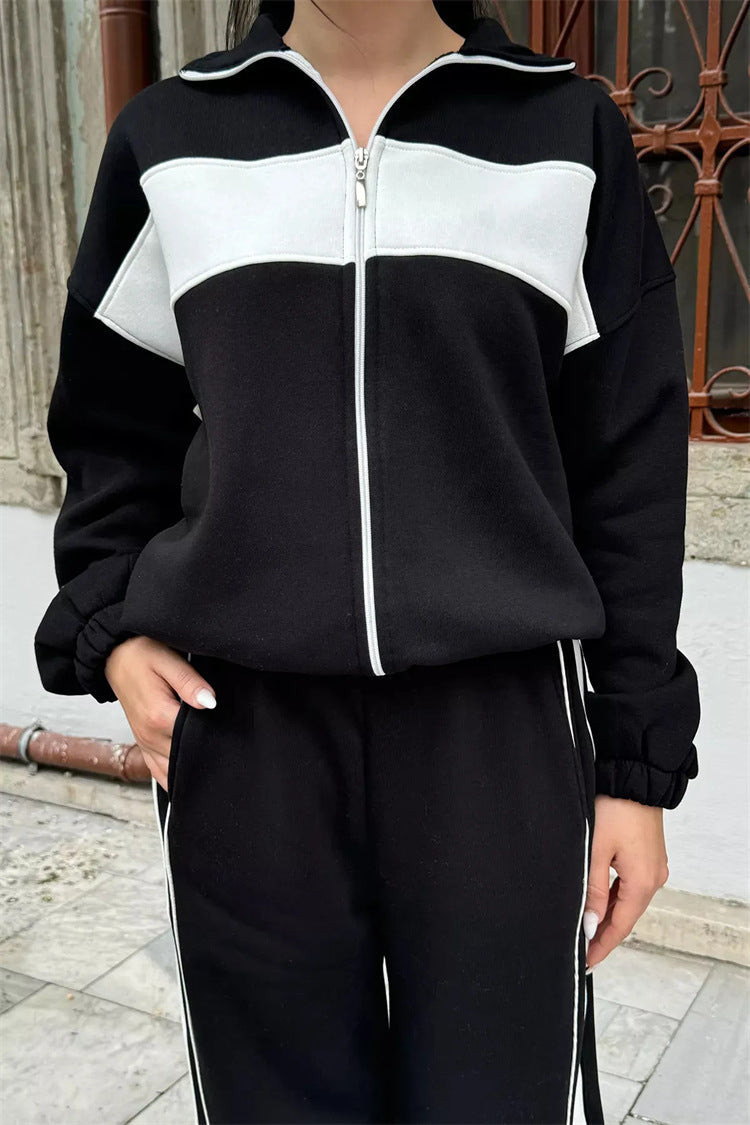Damen sportliches Fleece-Loungewear-Set mit hohem Kragen undseitlichen Kontraststreifen WW