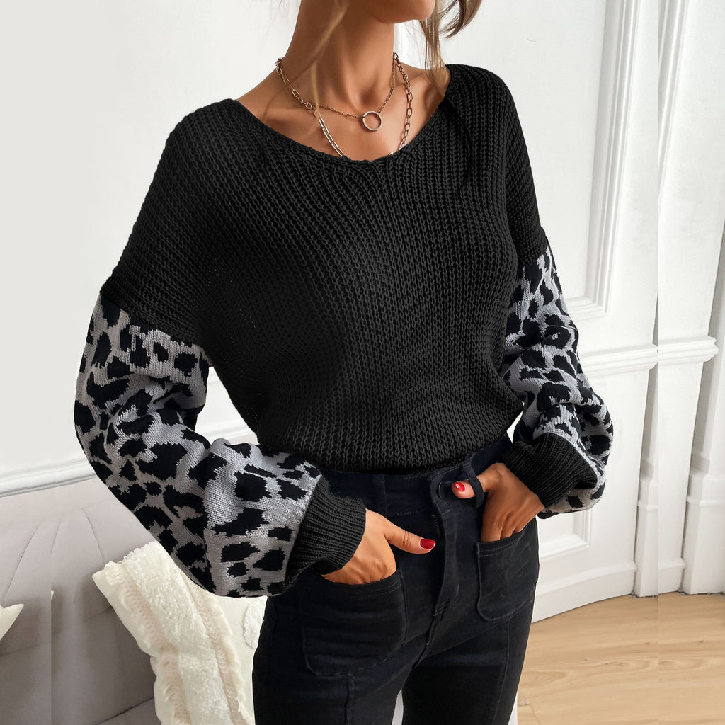 Damen Strickpullover mit modischem Leopardenmuster an den Ärmeln WW