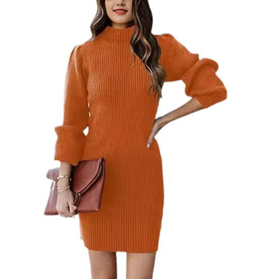 Damen Strickkleid mit hohem Kragen und Puffärmeln WW