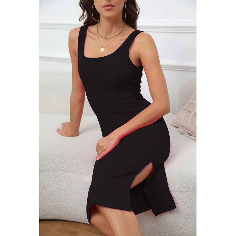 Damen figurbetontes Kleid mit asymmetrischem Schlitz und Rippenstruktur WW