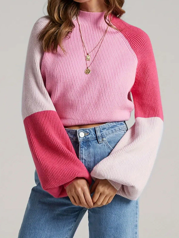 Damen Strickpullover mit weitem Arm und innovativem Farbblockdesign WW