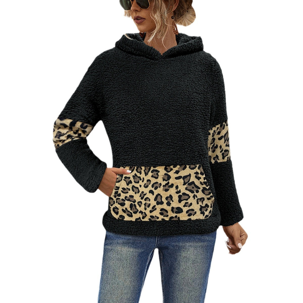 Damen Hoodie mit kuscheligem Fell-Design und Leoparden-Elementen WW