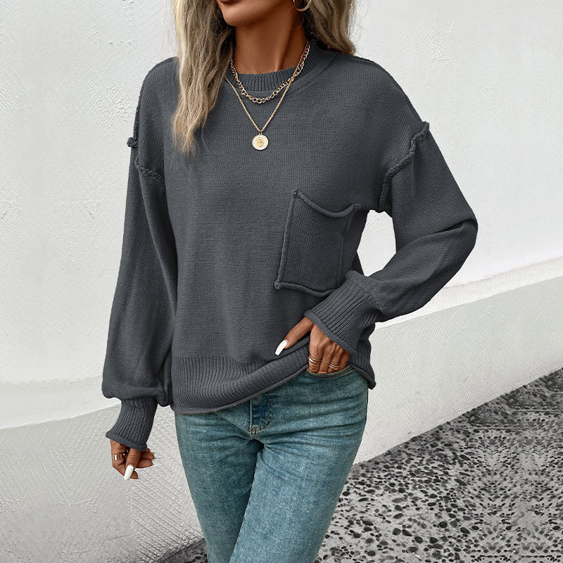 Damen lässiger Pullover mit voluminösen Ärmeln und praktischer Taschendetail WW