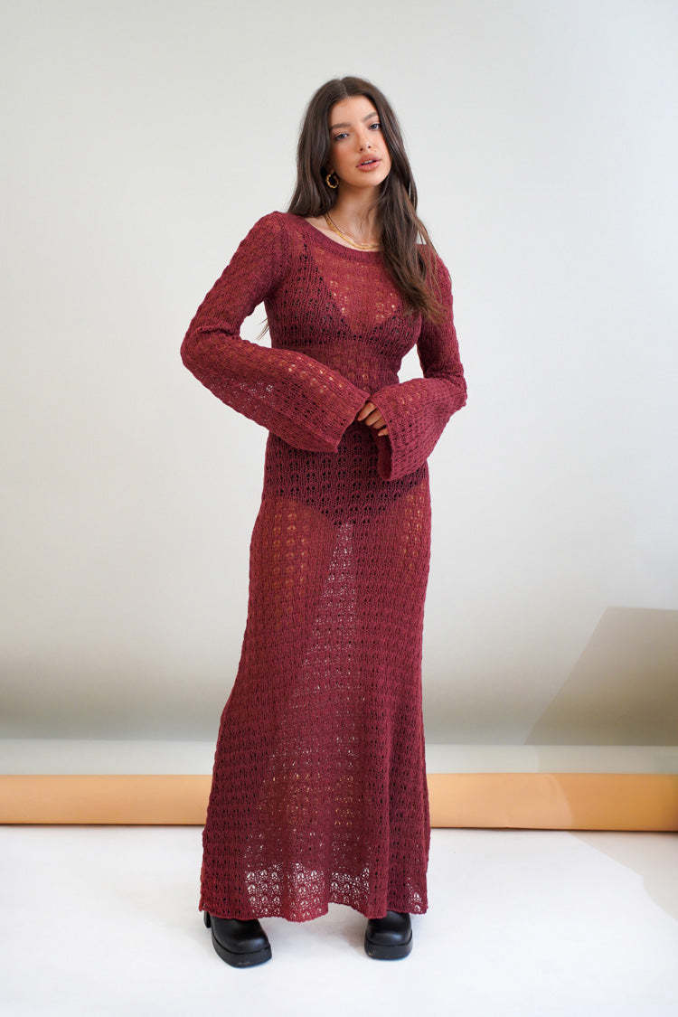 Damen Transparente Maxikleid mit strukturiertem Häkelmuster WW
