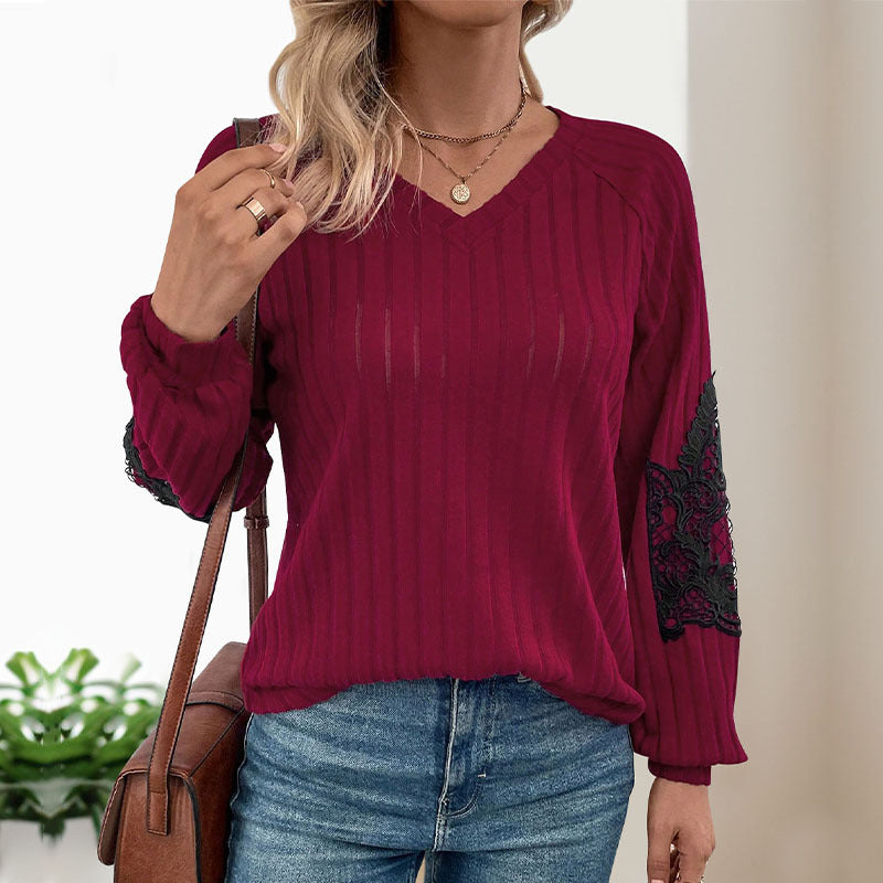 Damen Strickpullover mit Spitzenärmeln und V-Ausschnitt WW