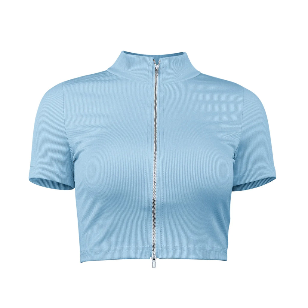 Damen sportliches Kurzarm-Top mit elegantem Reißverschluss WW