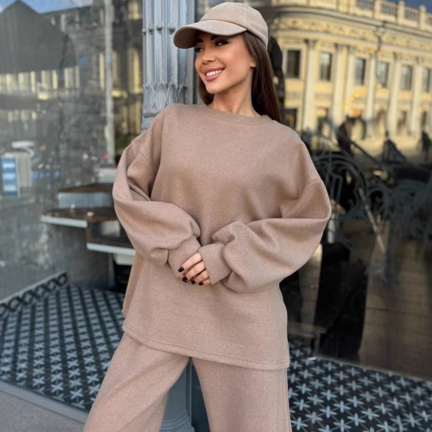 Damen lässiges Fleece-Loungewear-Set mit weichem Oversized-Pullover und bequemen Hosen WW