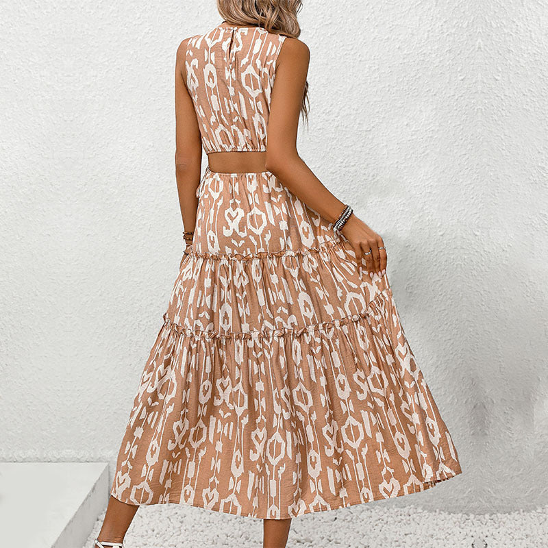 Damen maxi Kleid mit elegantem Volant und modischem Muster WW