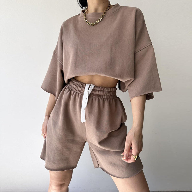 Damen lässiges Crop-Top und Shorts-Set mit weitem Schnitt WW
