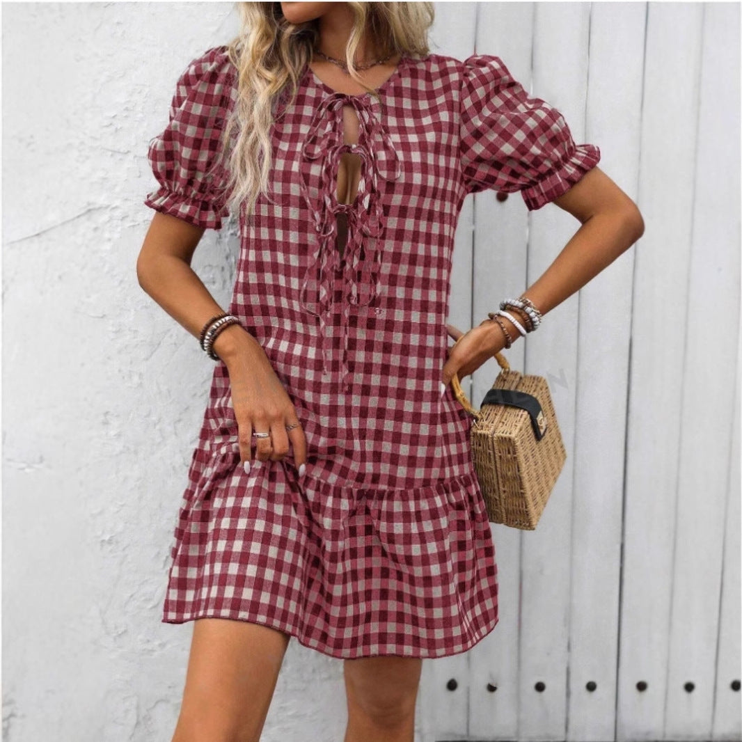 Damen A-linien Kleid mit verspieltem Karo-Design und dekorativem Schnürdetail WW
