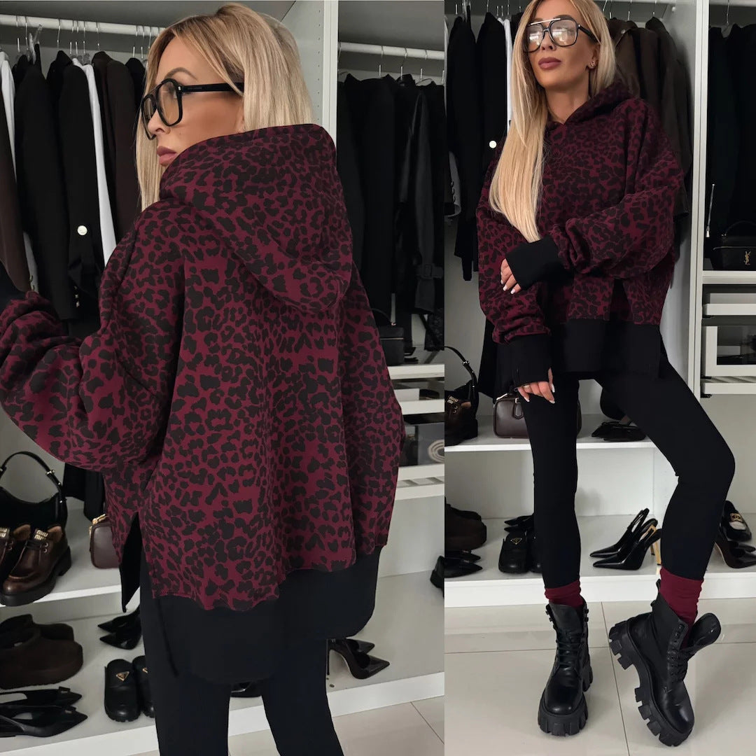 Damen modischer Kapuzenpullover mit Leopardenmuster und oversized Schnitt WW