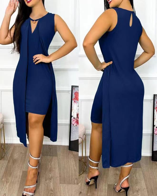 Damen ärmelloses Maxikleid mit tiefem V-Ausschnitt und seitlichem Schlitz WW