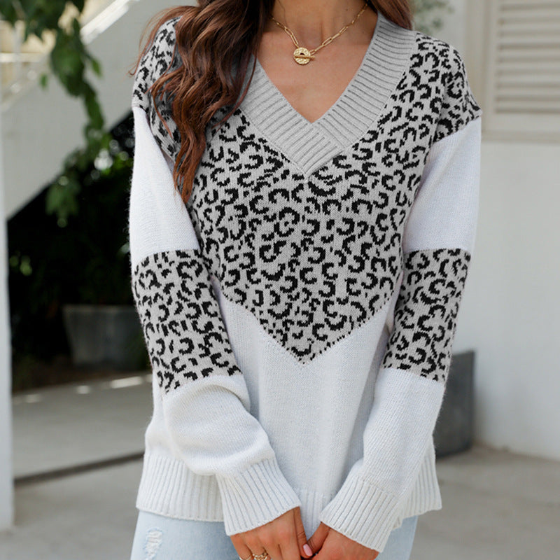 Damen Modischer Pullover mit einzigartigem Leopardenmuster und V-Ausschnitt WW