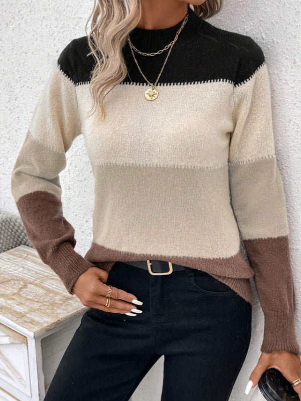 Damen modischer Strickpullover mit trendigem Blockstreifen und steigendem Kragen WW