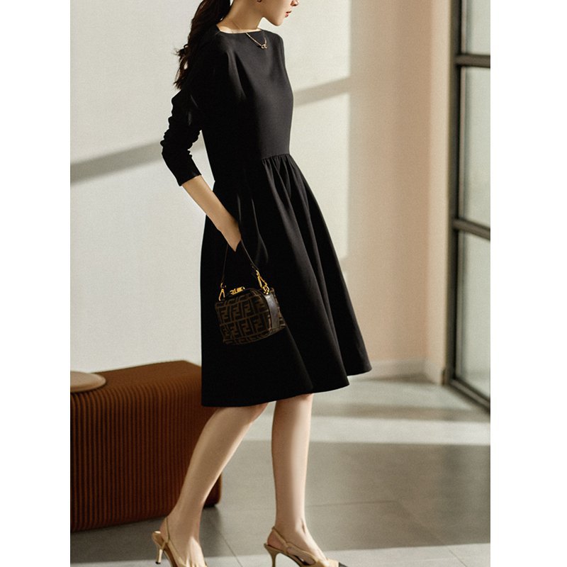 Damen A-Linien Midi Kleid mit langen Ärmeln WW
