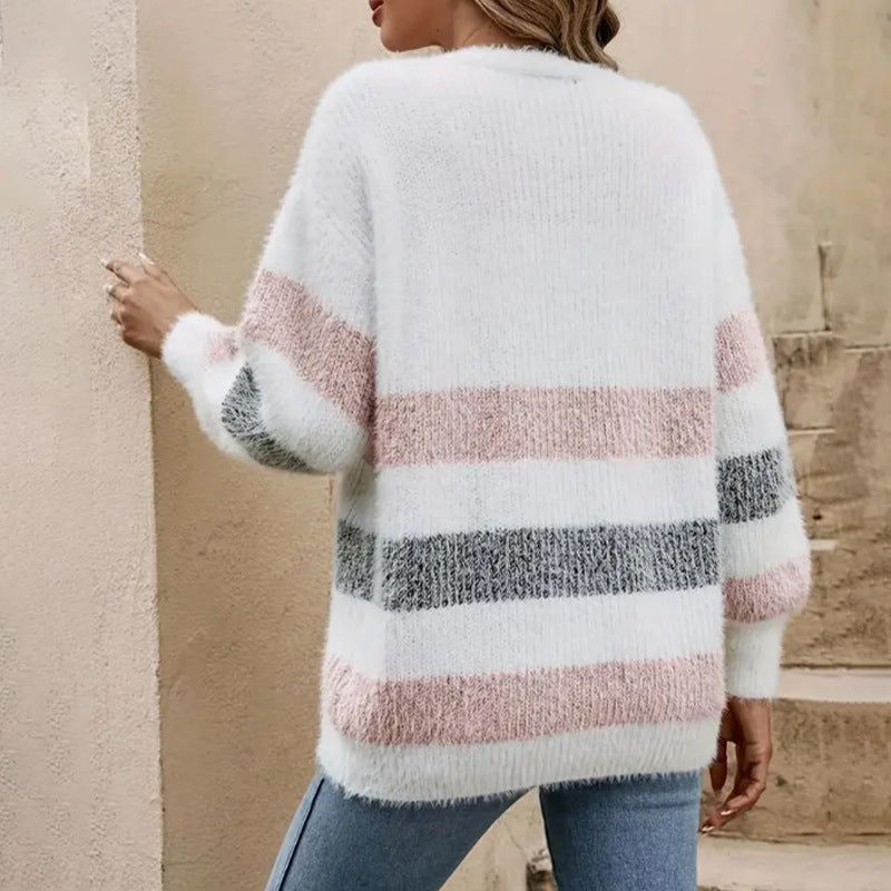 Damen Strickjacke mit modernen Farbblockstreifen WW