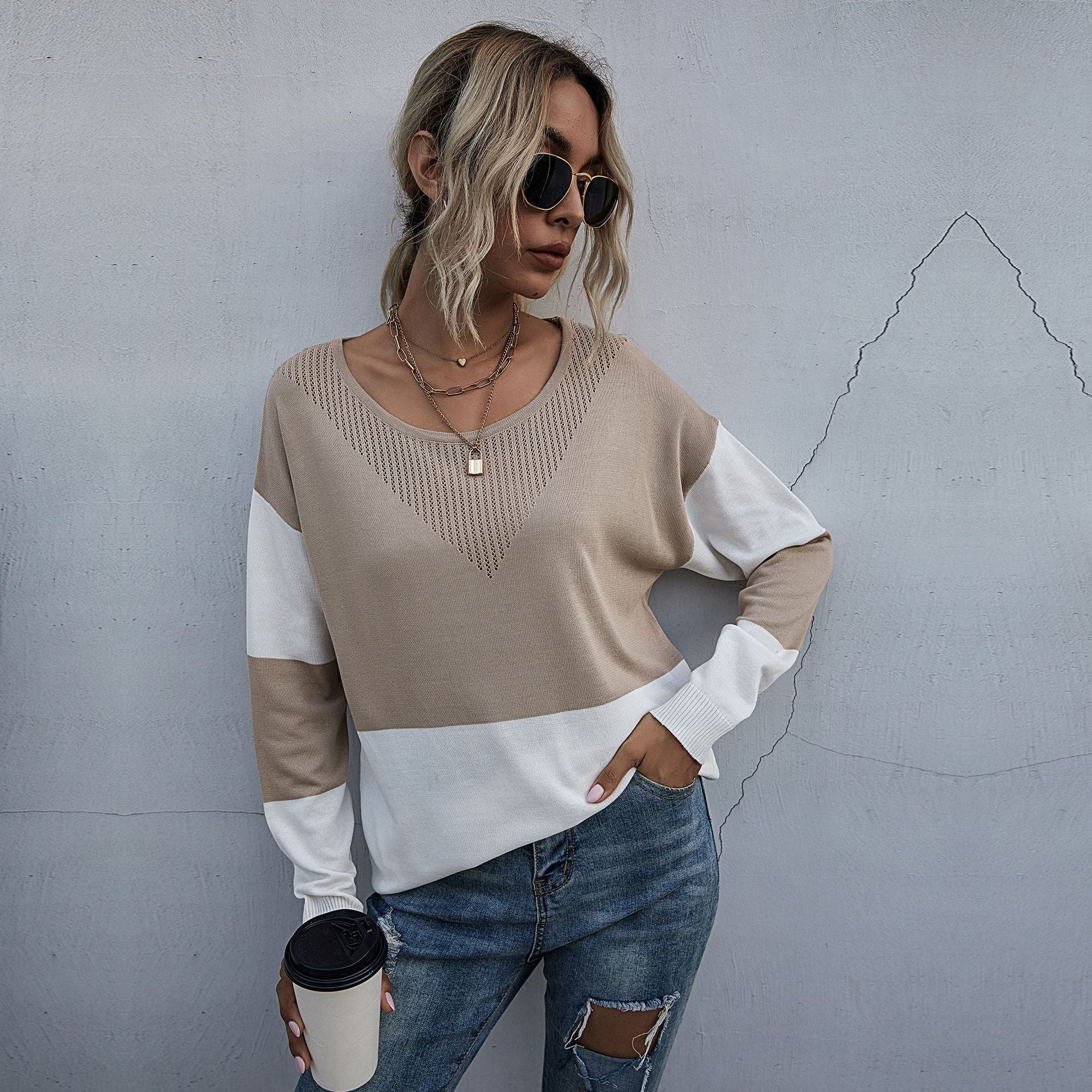 Damen Strickpullover mit modischem V-Ausschnitt und strukturiertem Muster WW