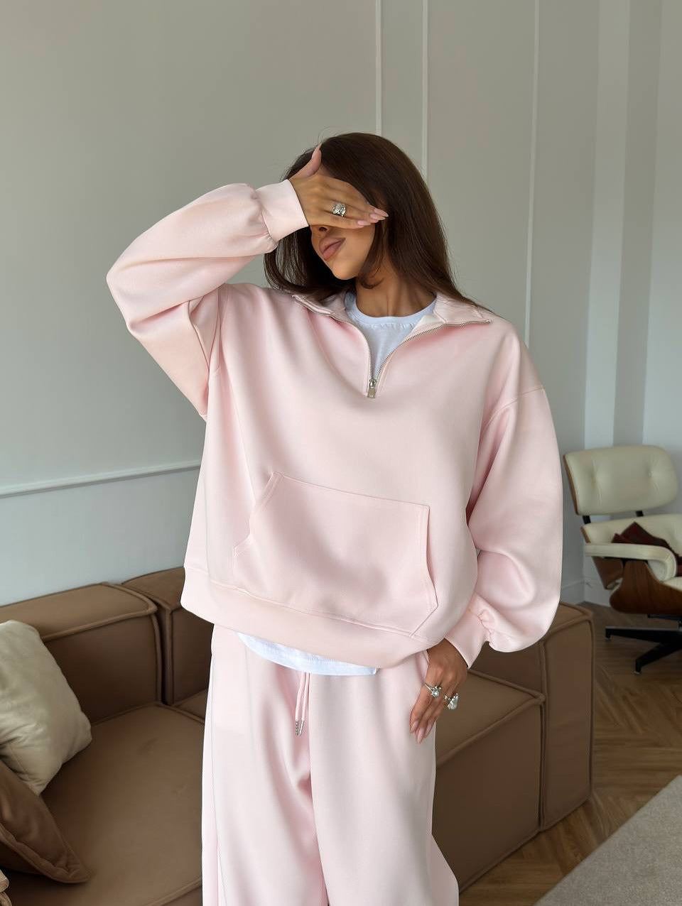 Damen lässiges Fleece-Set mit hochgeschlossenem Reißverschluss und weiten Beinen WW