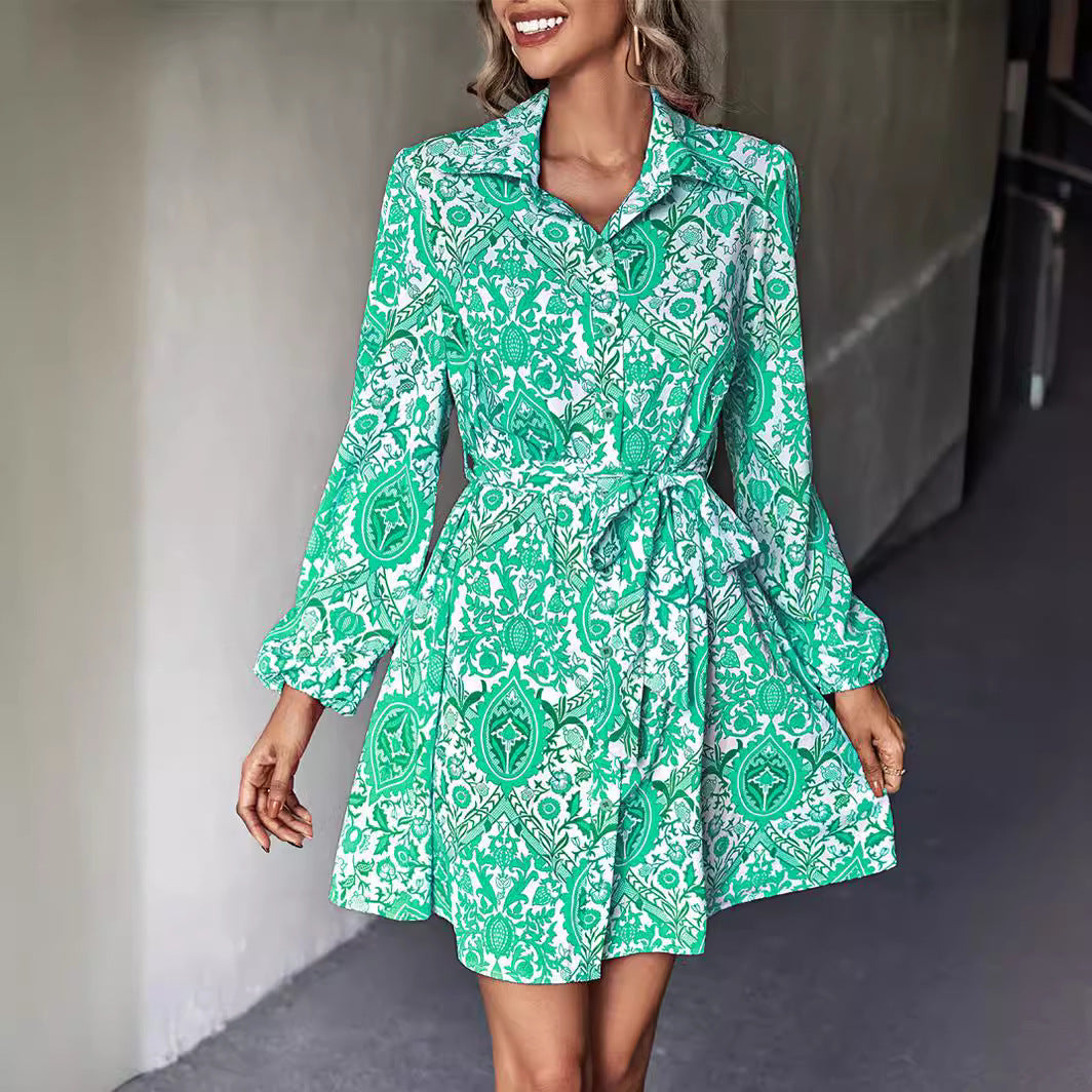 Damen Hemdblusenkleid mit floralen Mustern und taillierbarem Bindegürtel WW