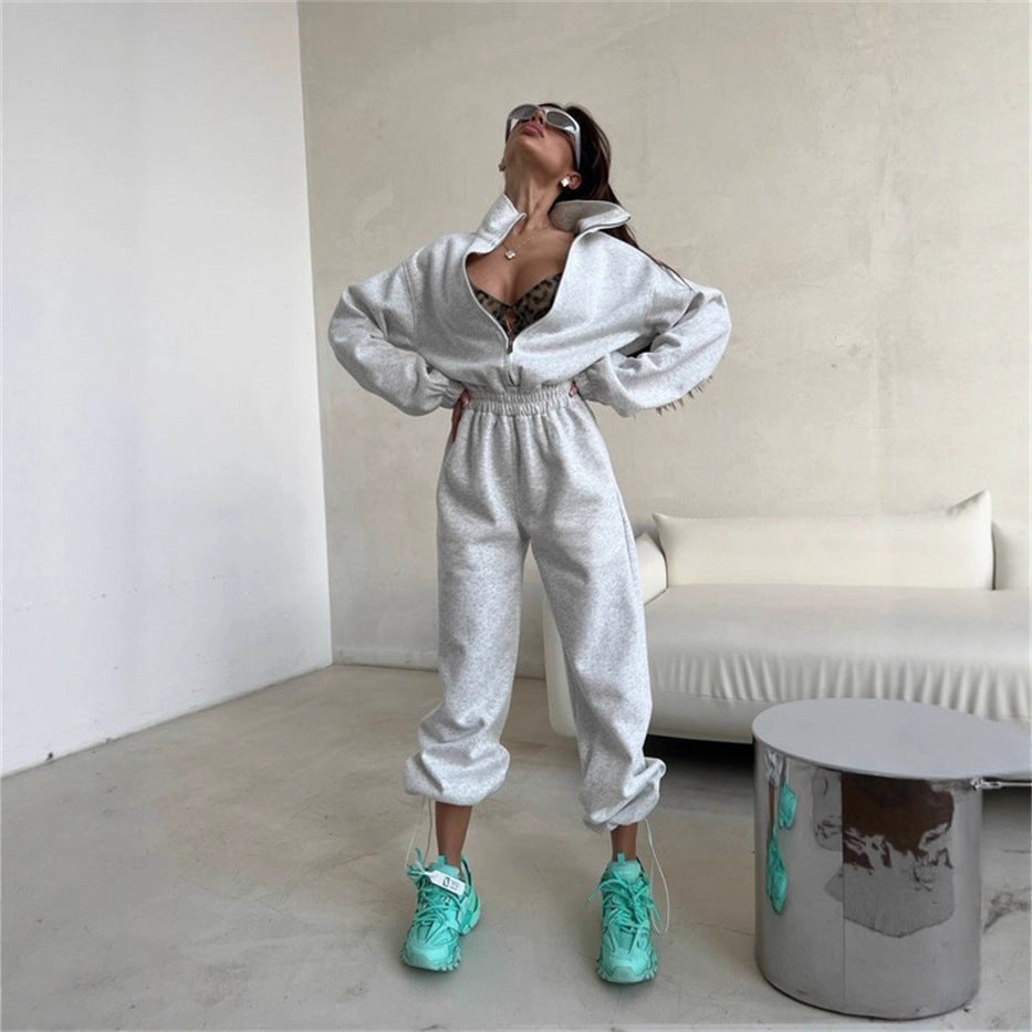 Damen sportlicher Fleece-Loungewear-Anzug mit hohem Kragen und elastischem Bund WW