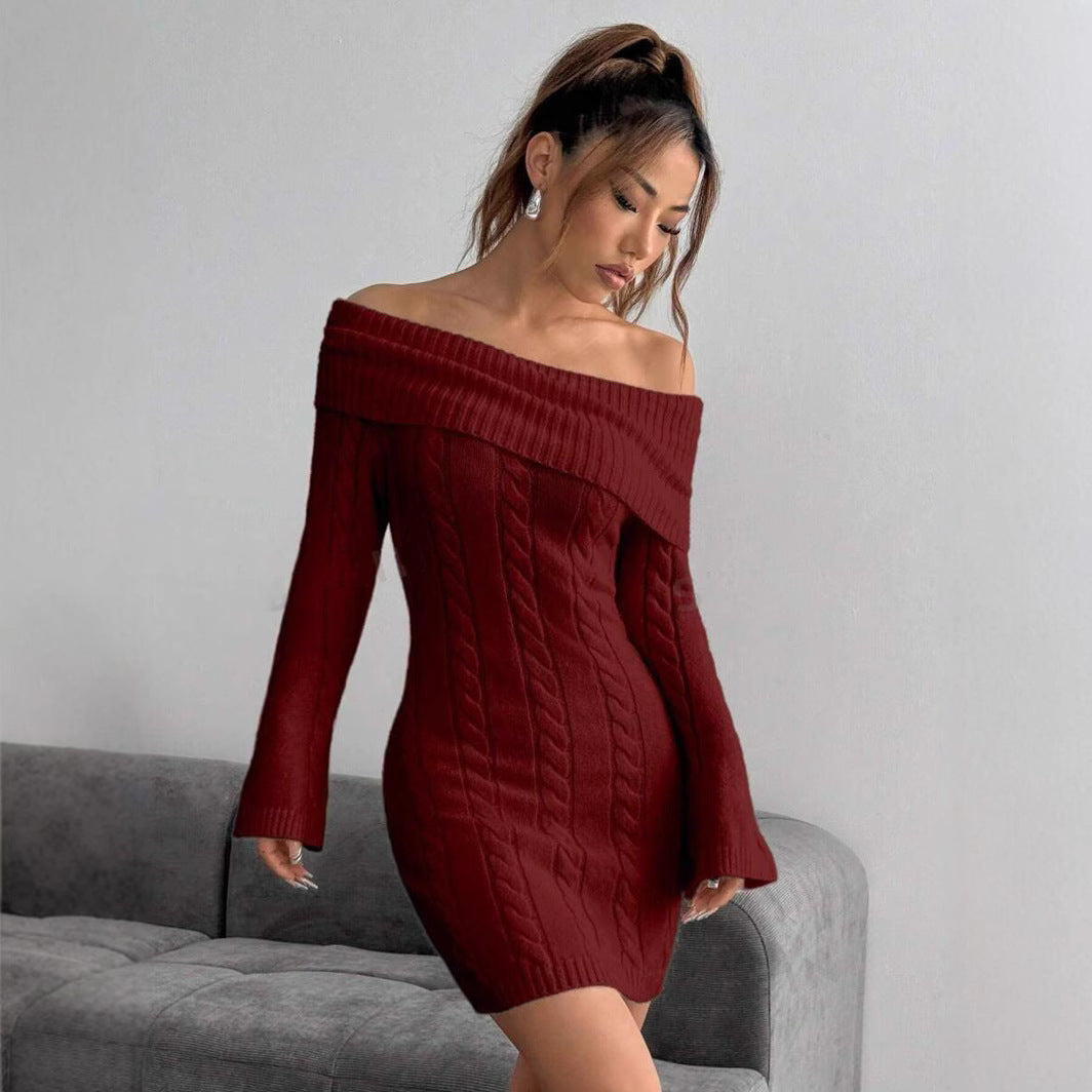 Damen figurbetontes Strickkleid mit weitem Ausschnitt WW