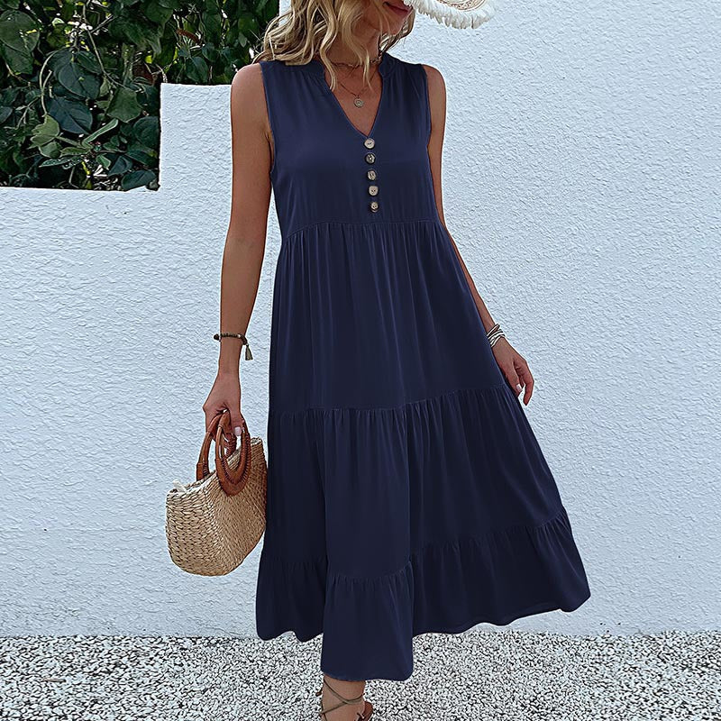 Damen Maxikleid mit Knopfdetail und voluminösem Rock WW