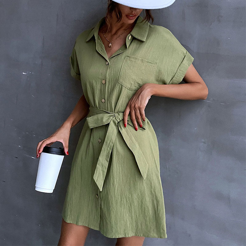 Damen Hemdblusenkleid mit Taillengürtel und Kurzarm WW