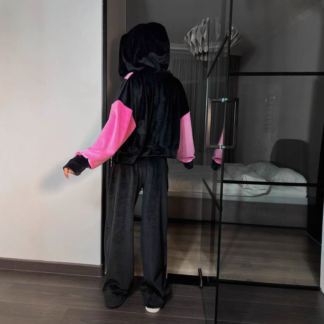 Damen sportliches Velours-Set mit kontrastierenden Farbakzenten und praktischem Reißverschluss WW