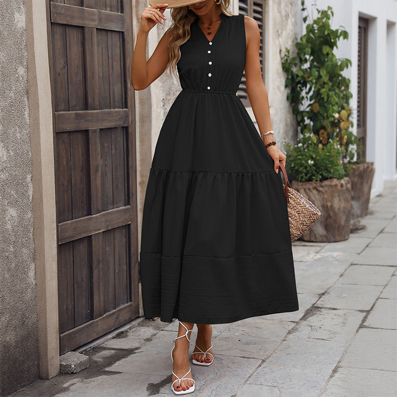 Damen Maxikleid mit Knopfdetails und voluminösem Rock WW