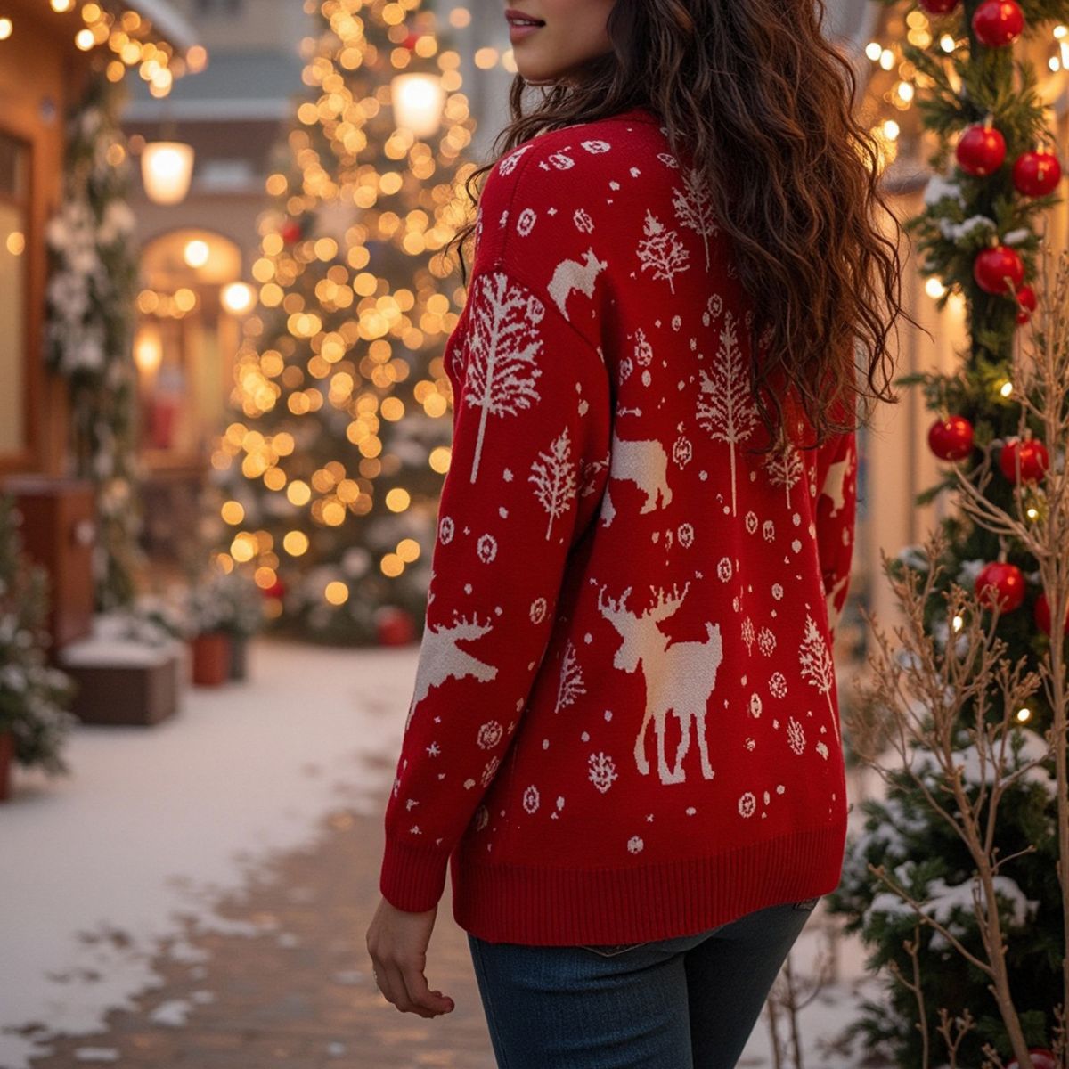 Damen winterlicher Weihnachts-Pullover mit festlichem Elch-Design und hochgeschlossenem Kragen WW