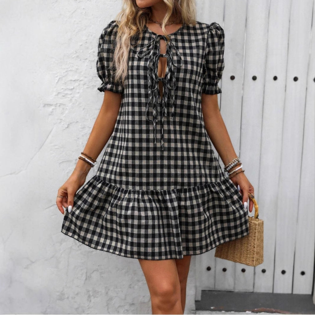 Damen A-linien Kleid mit verspieltem Karo-Design und dekorativem Schnürdetail WW