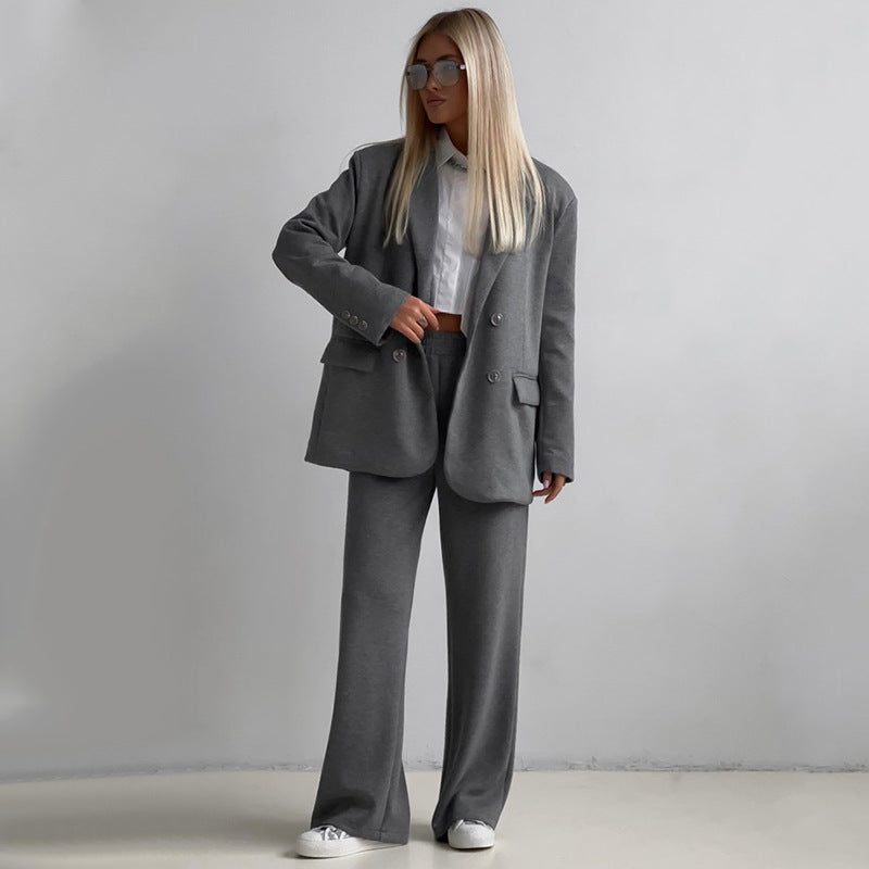 Damen elegantes und lässiges Anzugset mit doppelter Knopfleiste und weitem Bein WW