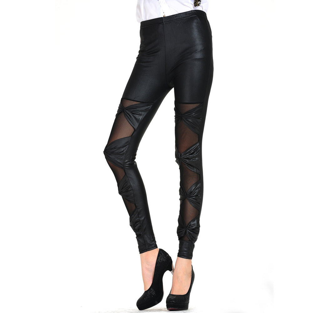 Damen Leggings mit transparenten Einsätzen und dekorativen Knoten WW
