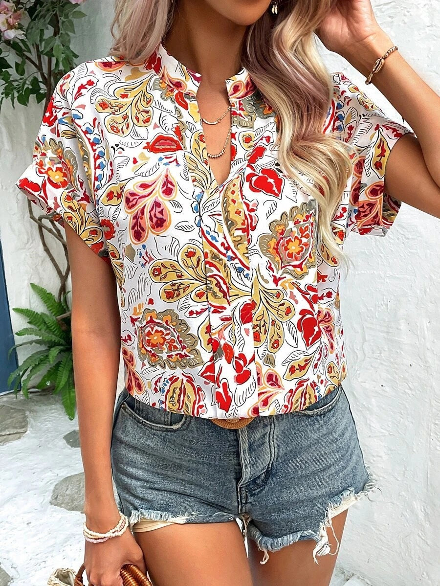 Damen Bluse mit floralen Mustern und stylischem Stehkragen WW