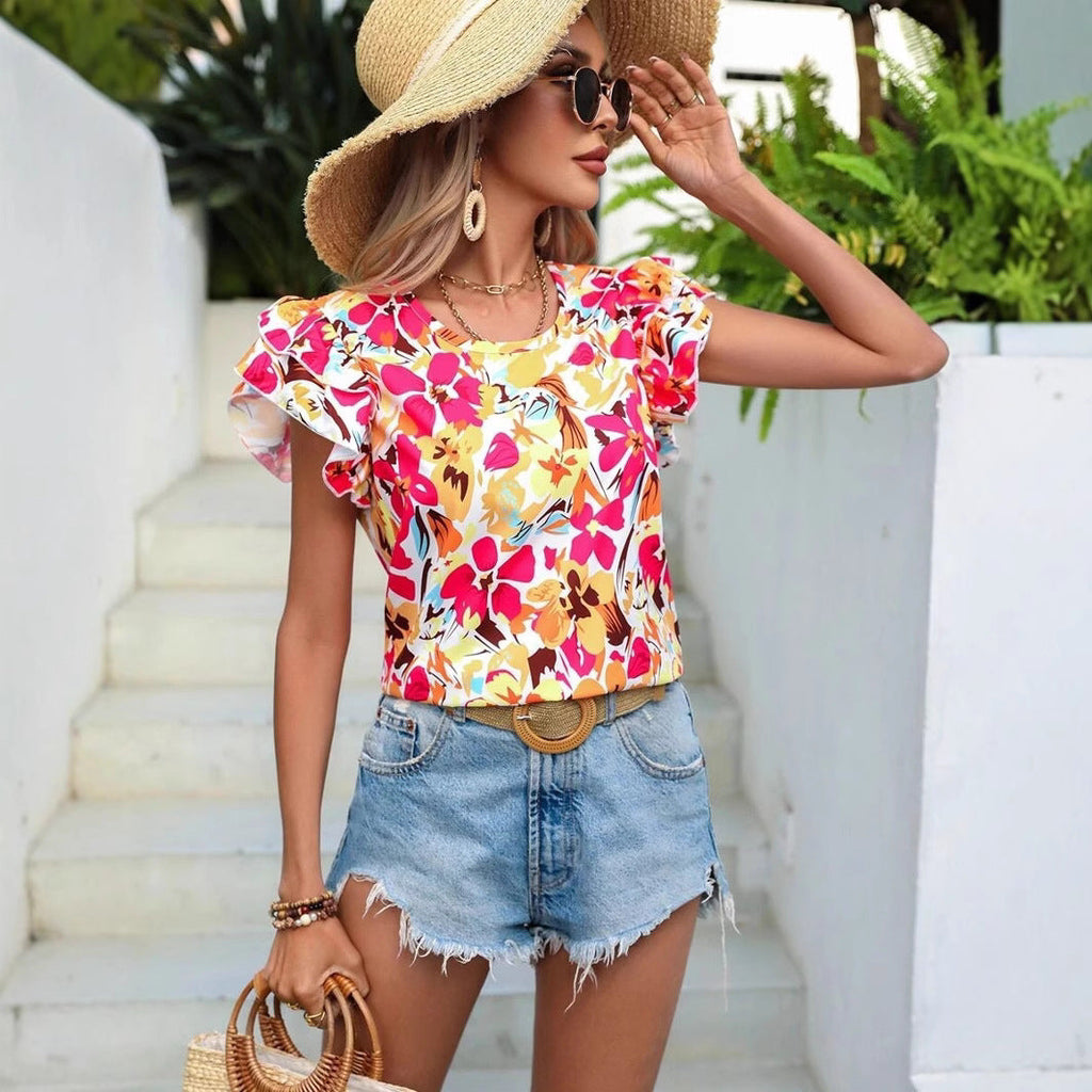 Damen modisches T-Shirt mit Rüschendetails und floralem Muster WW