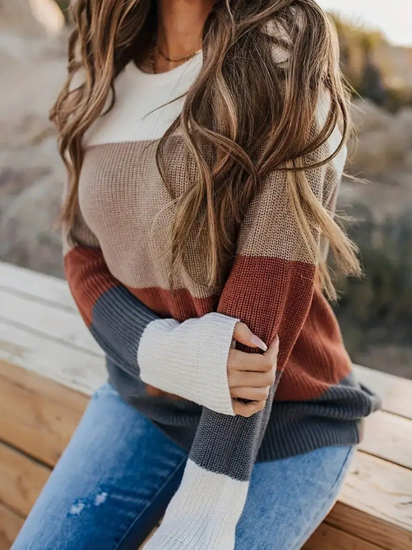 Damen modischer Strickpullover mit modernem Streifen-Design und langen Ärmeln WW